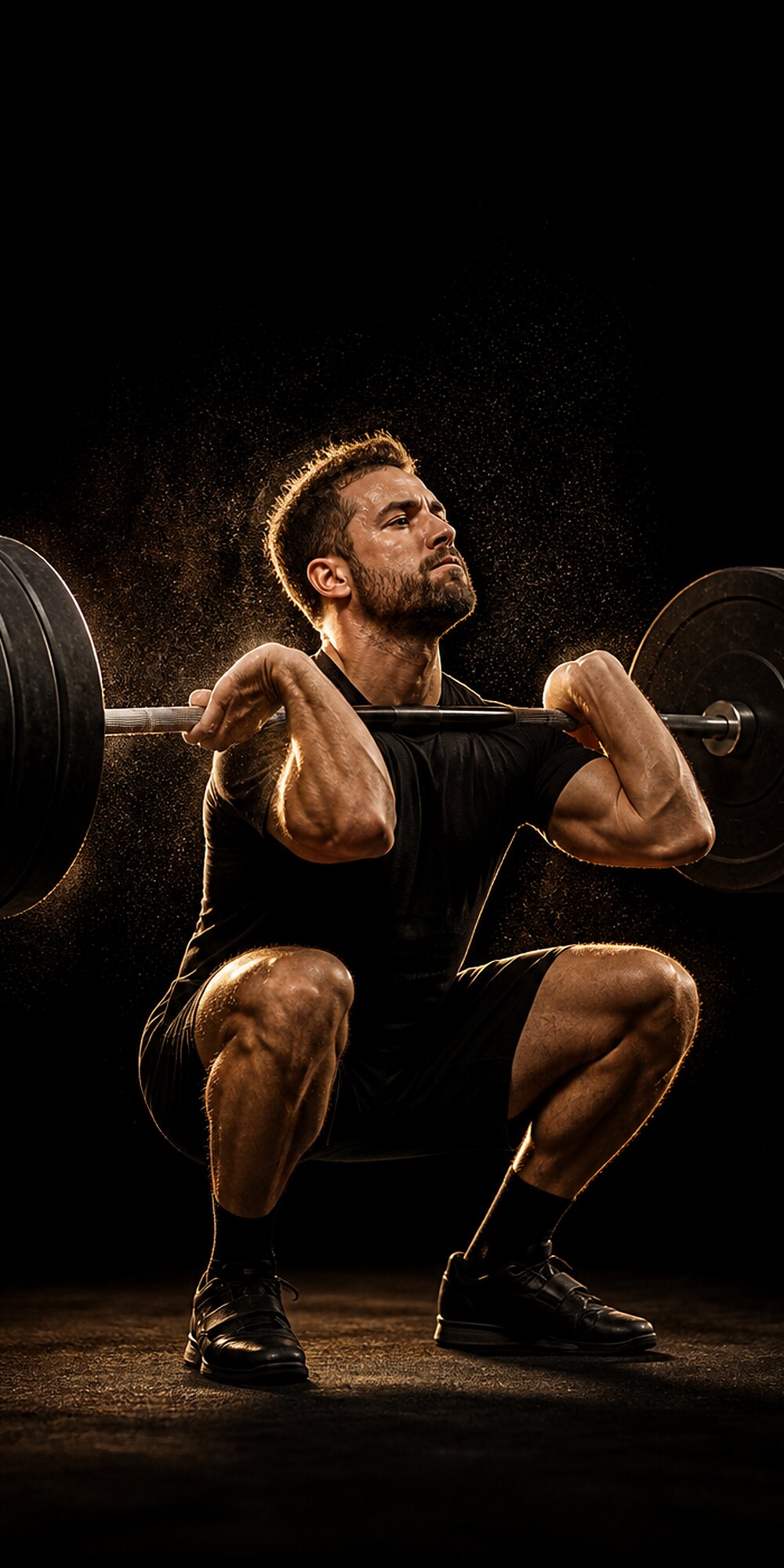 Power athlete under a loaded barbell